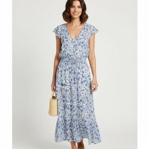 Lucky Brand Felice Blue White Floral Midi Dress Button Front